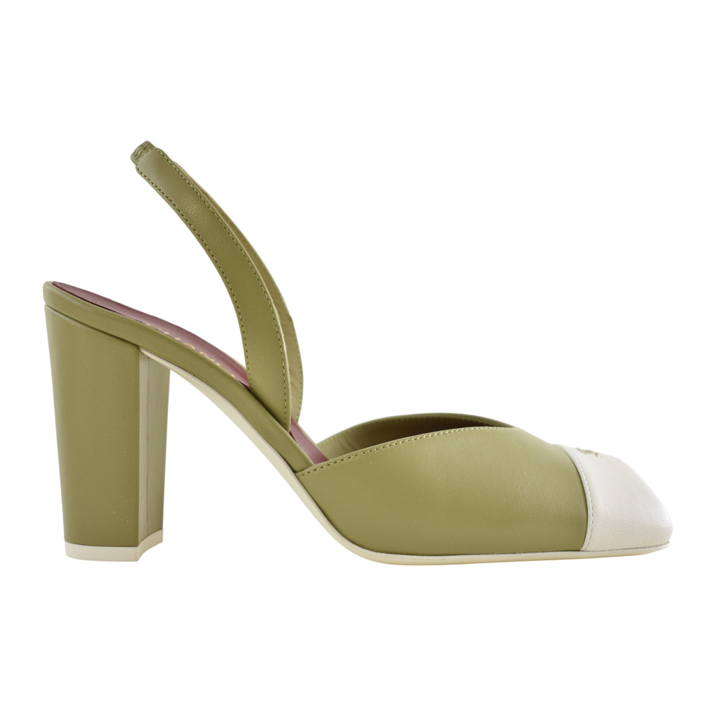 Chanel 26S Blazy Khaki Green Ivory Square Toe CC Slingback Block Heel Pump 36.5